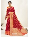 Red Designer Classic Wear Cotton Jacquard Sari