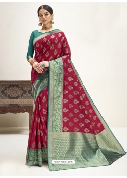 Rose Red Designer Classic Wear Cotton Jacquard Sari