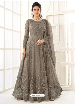 Grayish Green Bridal Designer Party Wear Butterfly Net Anarkali Suit