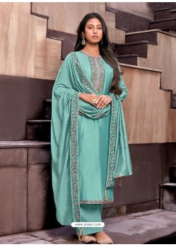 Sky Blue Designer Cotton Silk Party Wear Straight Suit