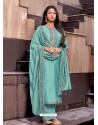 Sky Blue Designer Cotton Silk Party Wear Straight Suit