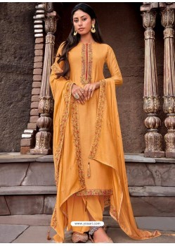 Mustard Designer Cotton Silk Party Wear Straight Suit