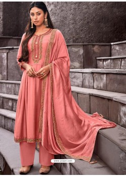 Peach Designer Cotton Silk Party Wear Straight Suit