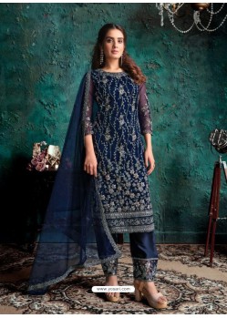 Navy Blue Designer Net Party Wear Straight Suit