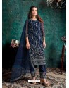 Navy Blue Designer Net Party Wear Straight Suit