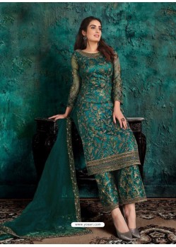 Teal Designer Net Party Wear Straight Suit