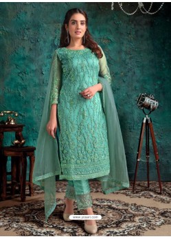 Aqua Mint Designer Net Party Wear Straight Suit