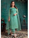 Aqua Mint Designer Net Party Wear Straight Suit