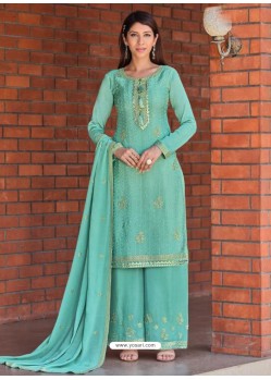 Aqua Mint Designer Chinnon Party Wear Palazzo Suit