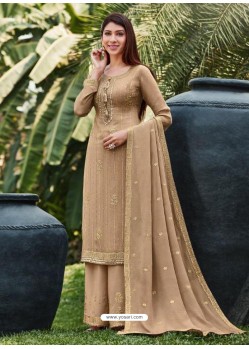 Beige Designer Chinnon Party Wear Palazzo Suit