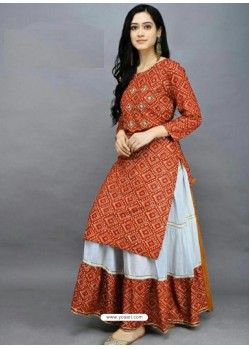 Rust Designer Readymade Kurti With Skirt Set