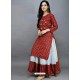 Tomato Red Designer Readymade Kurti With Skirt Set