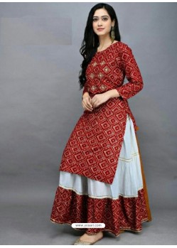 Tomato Red Designer Readymade Kurti With Skirt Set