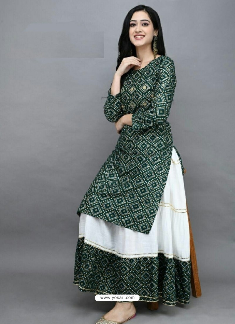 Green Cotton Kurti with White Skirt  wwwsoosicoin