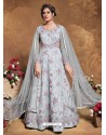 Light Grey Bridal Designer Party Wear Butterfly Net Anarkali Suit