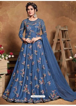 Dark Blue Bridal Designer Party Wear Butterfly Net Anarkali Suit
