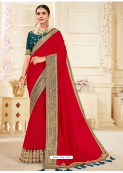 Red Designer Classic Wear Vichitra Silk Sari