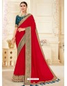 Red Designer Classic Wear Vichitra Silk Sari