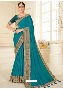 Turquoise Designer Classic Wear Vichitra Silk Sari