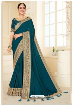 Teal Blue Designer Classic Wear Vichitra Silk Sari