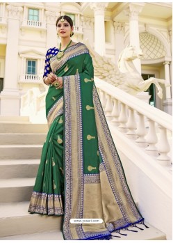 Dark Green Designer Classic Wear Banarasi Silk Sari