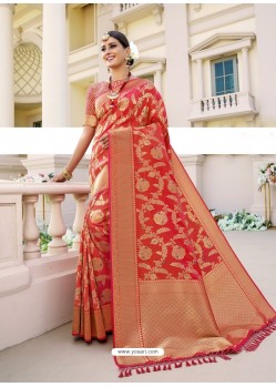 Red Designer Classic Wear Banarasi Silk Sari