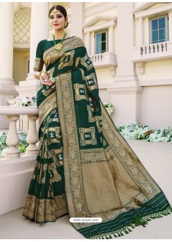 Dark Green Designer Classic Wear Banarasi Silk Sari