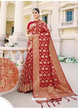 Tomato Red Designer Classic Wear Banarasi Silk Sari