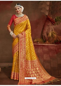 Yellow Designer Classic Wear Banarasi Silk Sari