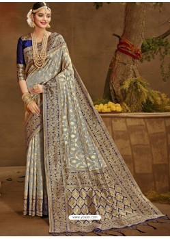 Grey Designer Classic Wear Banarasi Silk Sari