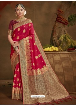 Rose Red Designer Classic Wear Banarasi Silk Sari