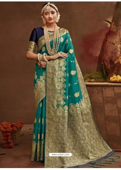 Teal Designer Classic Wear Banarasi Silk Sari
