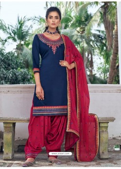 Dark Blue Embroidered Designer Jam Silk Punjabi Patiala Suit