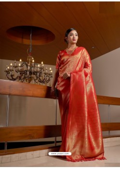 Red Designer Classic Wear Raw Silk Sari