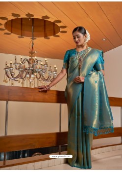 Teal Blue Designer Classic Wear Raw Silk Sari