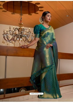 Teal Designer Classic Wear Raw Silk Sari