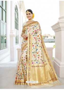 Off White Designer Classic Wear Silk Sari