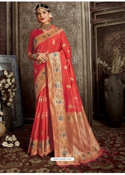 Dark Peach Designer Classic Wear Silk Sari