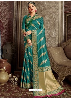 Teal Blue Designer Classic Wear Silk Sari