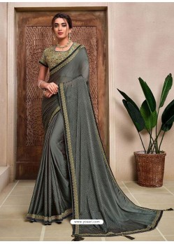 Dark Grey Designer Traditional Wear Silk Sari