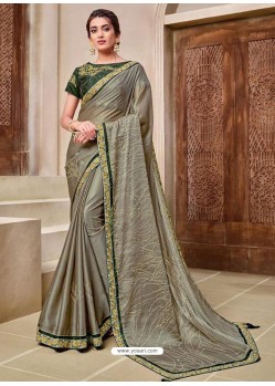 Grayish Green Designer Traditional Wear Silk Sari