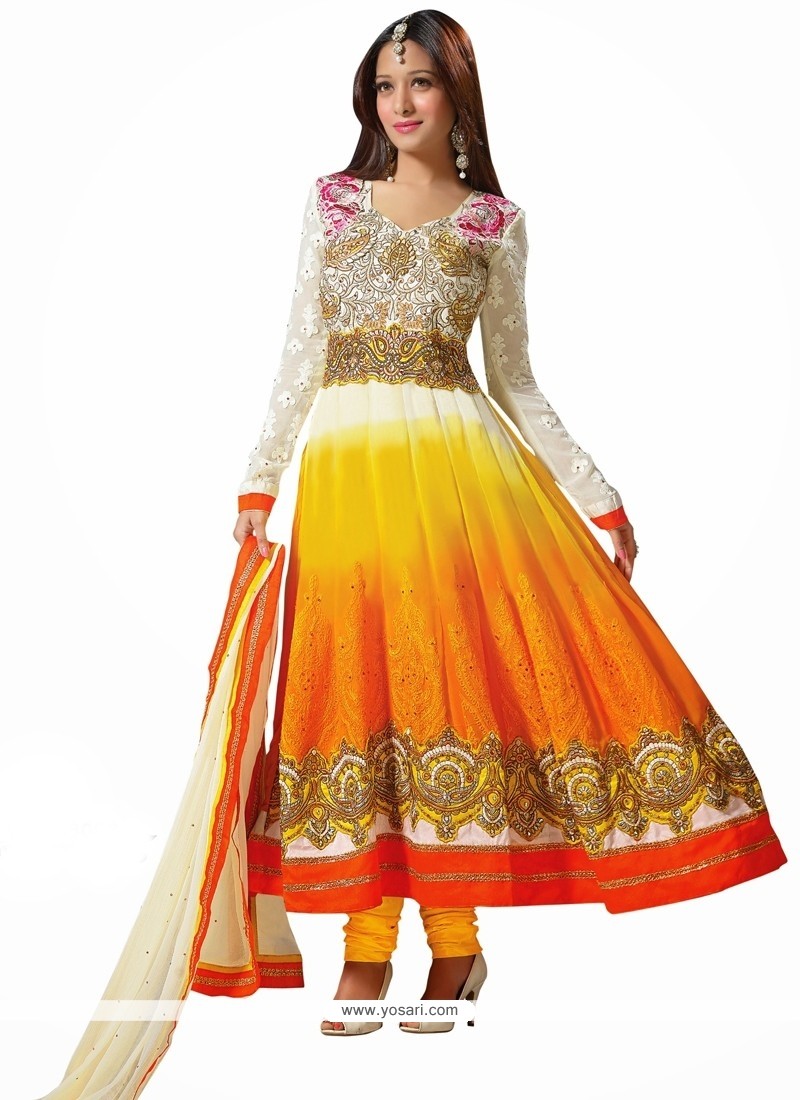 Off White And Orange Shaded Zari Anarkali Suits