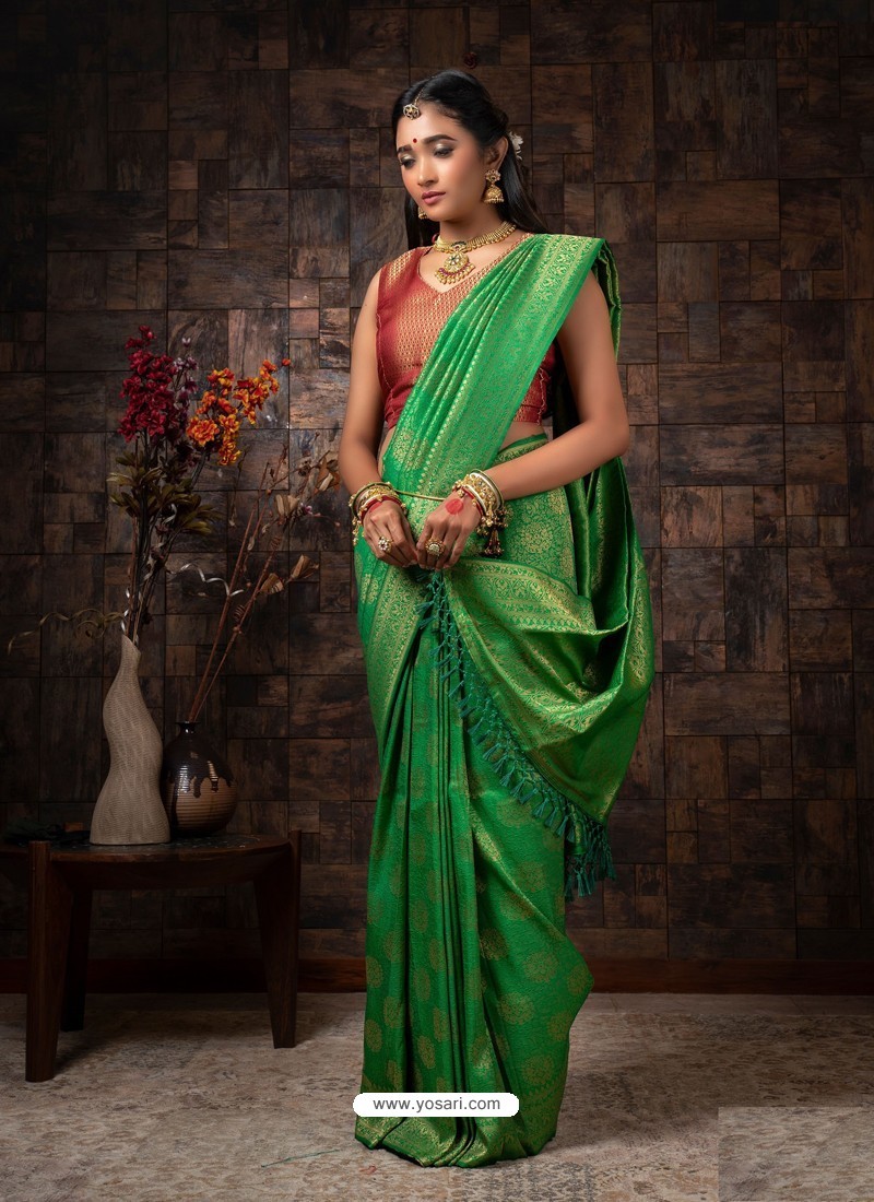 Parrot Green Designer Classic Wear Raw Silk Sari