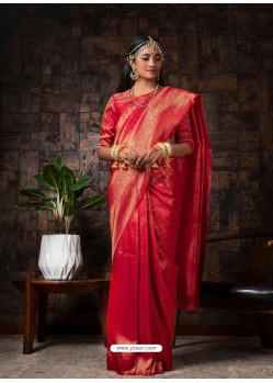 Dark Peach Designer Classic Wear Raw Silk Sari