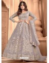 Grey Bridal Designer Party Wear Butterfly Net Anarkali Suit