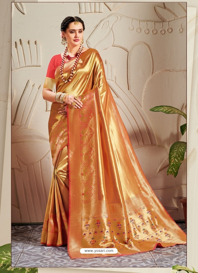Gold Designer Traditional Wear Banarasi Silk Sari