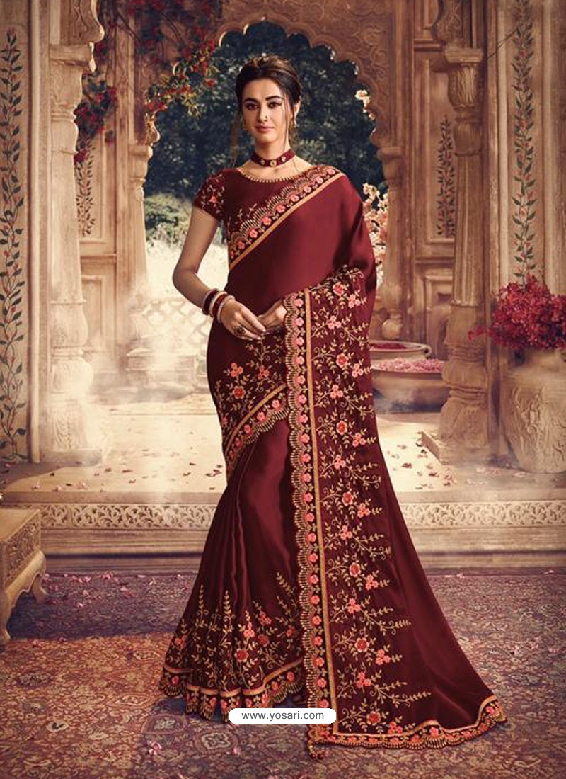 Maroon Latest Designer Party Wear Sari