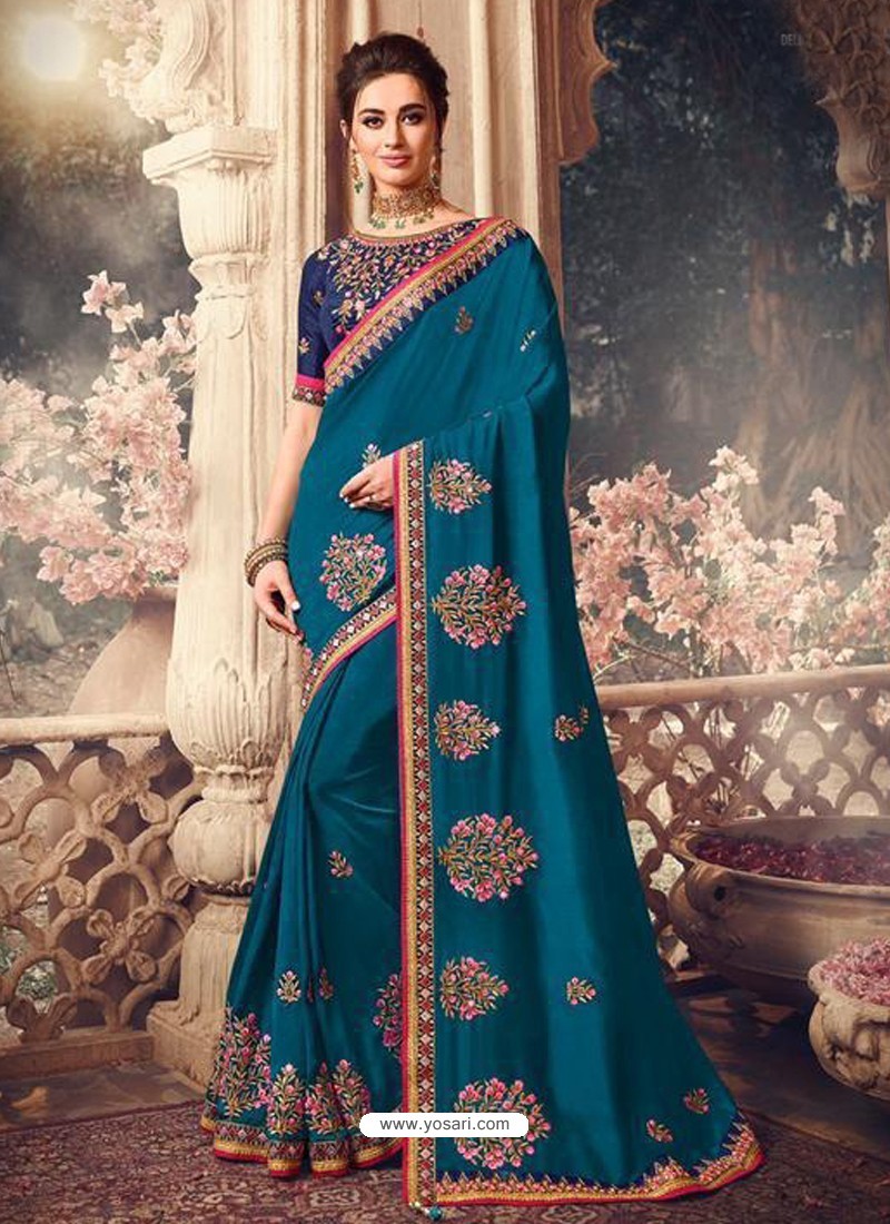 Teal Blue Latest Designer Party Wear Sari