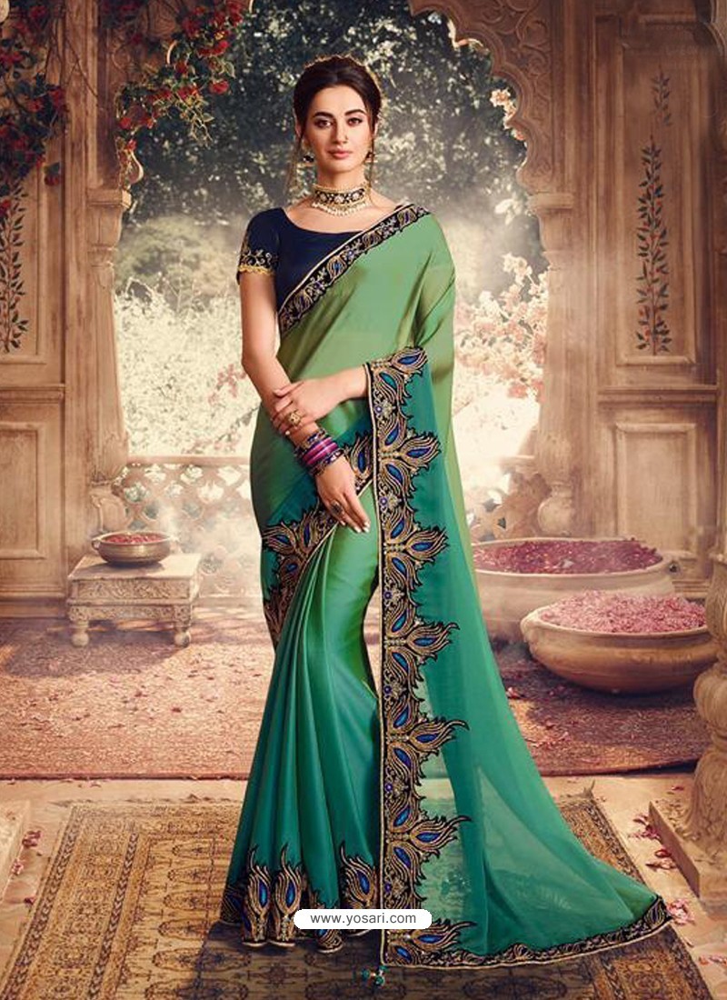 Green Latest Designer Party Wear Sari