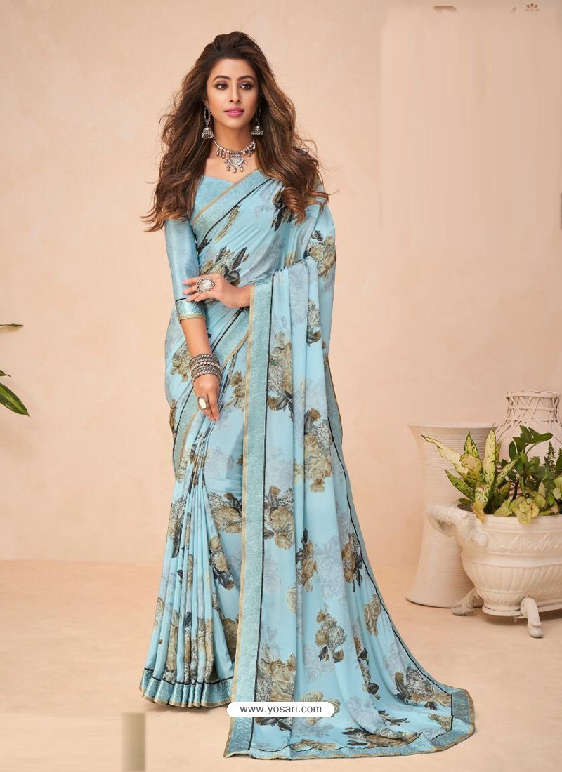 Aqua Grey Designer Casual Wear Crepe Sari